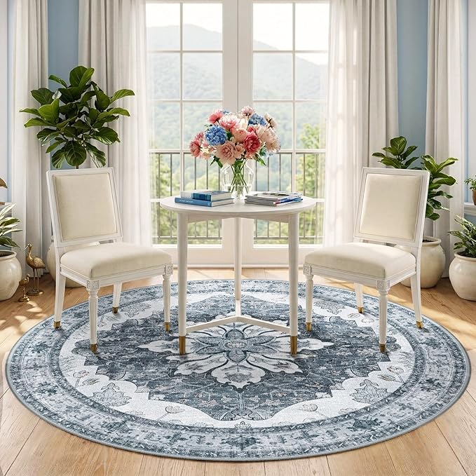RELEANY Area Rugs Round 5ft Washable Non-Slip, Floral Vintage Distress Medallion Carpet for Living Room Bedroom Dining Room, Light Gray Grey White