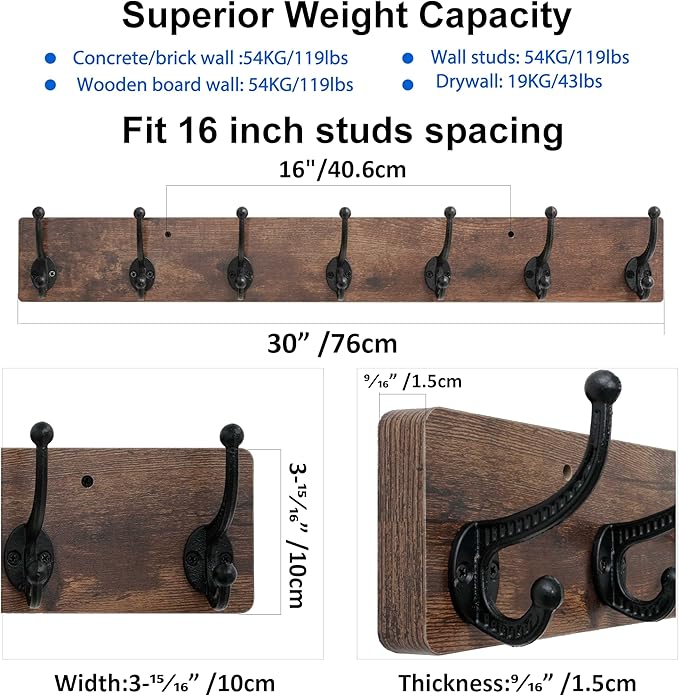 WEBI Rustic Coat Rack Wall Mount,30" Long 7 Cast Iron Coat Hooks Wall Mounted,Heavy Duty Wood Wall Coat Hanger Hooks for Hanging Coats,Jacket,Clothes,Backpack,Farmhouse,Rustic Brown