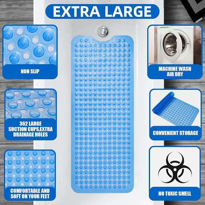 ZHICHENG Bath Tub and Shower Mats, Non-Slip 39 x 16 Inch Extra Long Bath Mat, Machine Washable Bathtub Mat with Drain Holes, Suction Cups for Bathroom (Colour Blue)