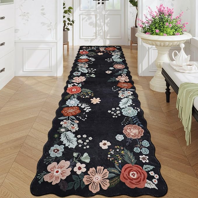 Floral Runner Rug 3x10, Washable Runners for Hallways Non Slip with Rubber Backing, Ultra Soft Cozy Faux Wool Low Pile Carpet Runners for Hallway, Kitchen, Entryway, Laundry, Bedroom, Black