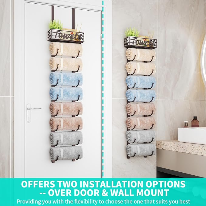 HapiRm Towel Racks for Bathroom Storage - 9 Tier Over The Door & Wall Mount Rolled Towel Storage Organizer Holder with Metal Shelf Basket for Small Bathroom, Camper, Rv - Bronze, Patented