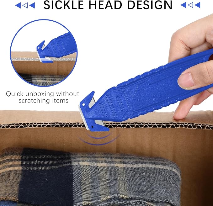 Therwen Safety Box Cutter Knife of Stainless Steel Concealed Blade Package Opener with Tape Splitter for Carton Cardboard Wrap Letter Work Bag Straps Film Utility Tool(Blue,10 Pcs)