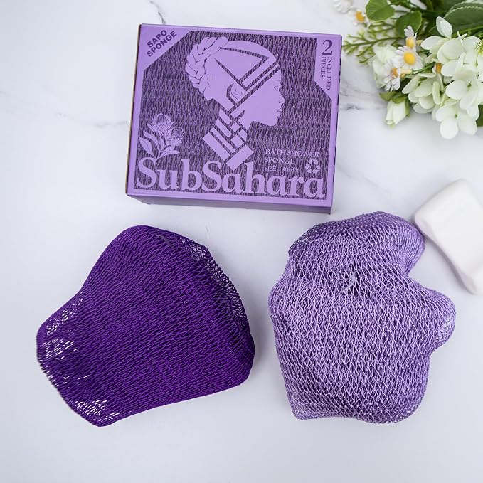 SubSahara Authentic African Net Sponge - 2 Pack Exfoliating Bath & Shower Loofah Sponge for Body & Face, Gentle Scrubber for All Skin Types, Travel, Durable (Deep Purple & Iavender Purple)