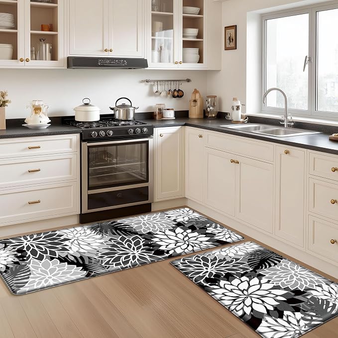 Arenarug Kitchen Mats for Floor 2PCS Cushioned Anti Fatigue Kitchen Mats Waterproof Non Slip Kitchen Mat Rug Set Comfort Foam Standing Mat for Sink, Laundry, Office, 24"x39"+24"x59", Black White