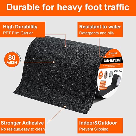 SIKEDEPRO 8" x 33Ft Grip Tape,Heavy Duty Anti Slip Tape for Stairs, Non-Skid Safety Traction Tape for Staircases, Black Friction, Abrasive Adhesive for Stairs,Non Slip for Stairs Outdoor/Indoor