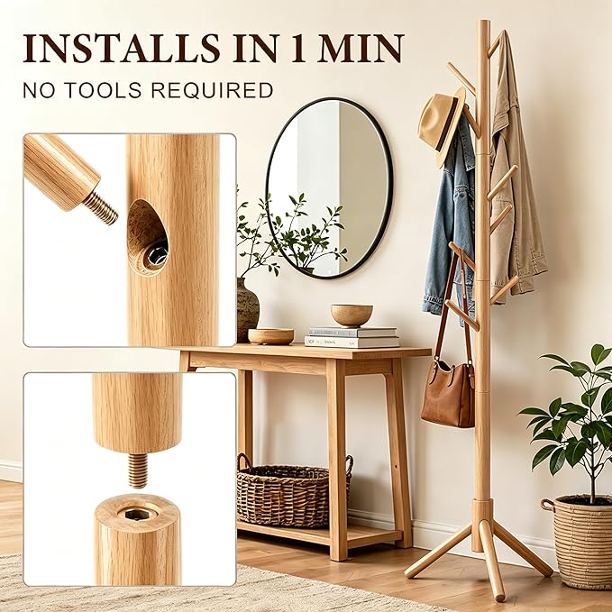 Wooden Coat Rack Freestanding with 8 Hooks & 3 Adjustable Sizes for Clothes, Space-Saving Design for Bedroom Office Entrance Holds Hats Coats Scarves Bags