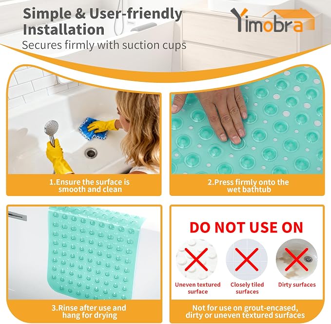 Yimobra Non Slip Bathtub Mat 40 x 16 Inch, Extra Long Shower Mat with Drain Holes, Machine Washable Baby Bath Mats, Strong Suction Cups for Bathroom Floor, Clear Green