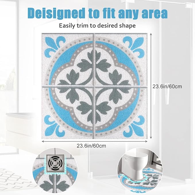 Square Shower Mat 24x24 Inch Non Slip Bath Mat for Inside Shower Loofah Shower Mat for Elderly Soft Textured Foot Massage Pad Bathroom Floor Mat for Wet Area, Without Suction Cups, Quick Drying