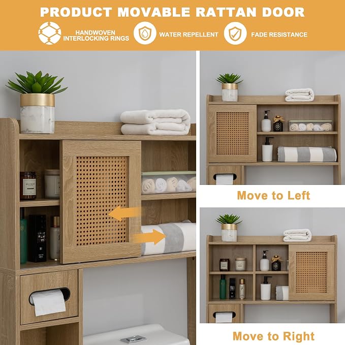 SUNTAGE 6Tier Over The Toilet Storage Cabinet, Freestanding Above Toilet Space Saver Rack w/Adjustable Shelves, Sliding Door, Multifunctional Over Toilet Organizer for Bathroom (Burlywood)