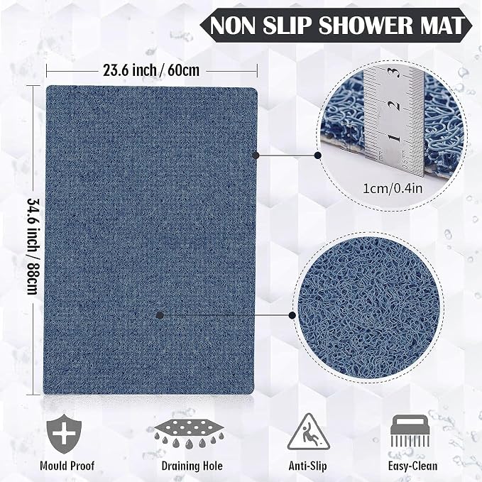 godehone Shower Mats Non Slip Without Suction Cups, PVC Loofah Bathroom Mats, Loofah Mats for Shower and Bathroom, Quick Drying, 23.6× 34.6 Inch, Blue