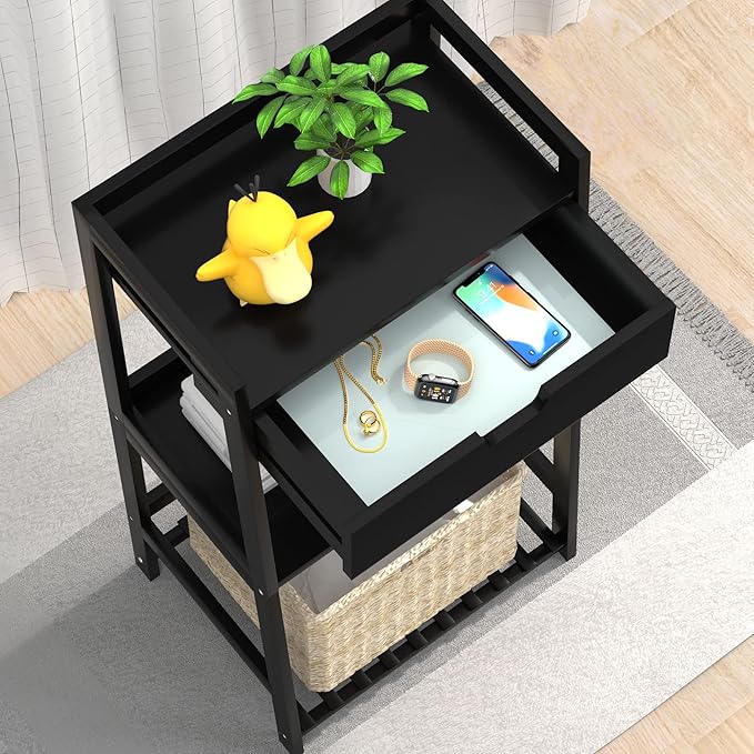 POXAKA 3 Tier Bamboo Bathroom Shelves with Drawer, Ladder Shelf for Bathroom Storage, Space-Saving Design, Stylish Display Nightstand, Stylish Storage Solution for Home, Living Room, Kitchen, Office