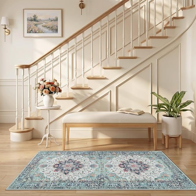 RELEANY Area Rugs Runner 2'6"x5' Washable Non-Slip, Floral Vintage Distress Medallion Carpet for Kitchen Hallway Bedroom Beside Laundry Room Bathroom, Green Navy Blue White Red Teal