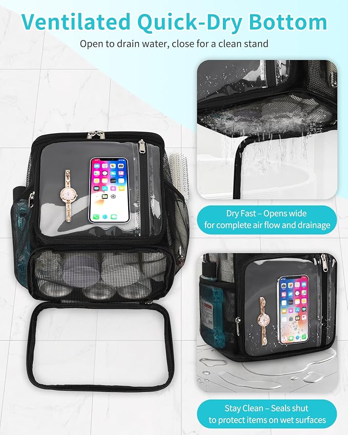 CUBETASTIC Hanging Shower Caddy Portable Bag - Quick Dry Shower Tote for Dorm College Essentials, Water-Resistant Travel Toiletry Bag with Separate Compartment & Multiple Pockets (Black, M)