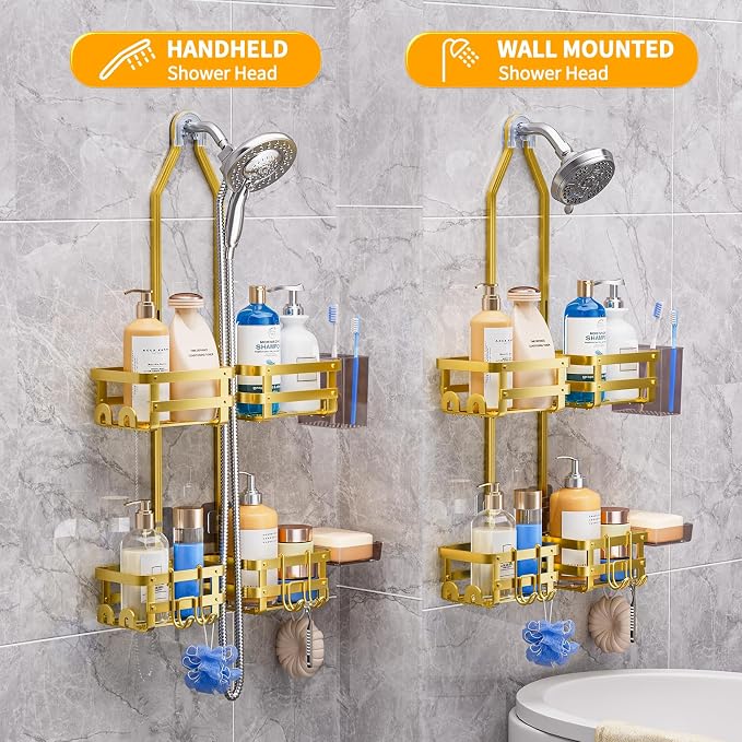 GAOKASE Aluminum Shower Caddy Hanging, Never Rust Shower Organizer- 4 Levels with adjustable Height 10 Hooks for Razor/Sponge - Rack with Soap Basket (Gold)