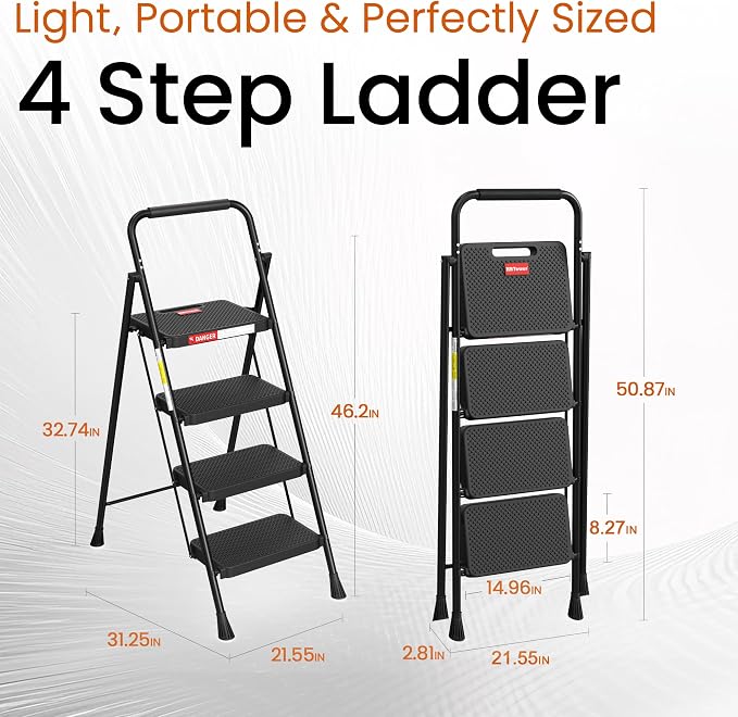 HBTower 4 Step Ladder, Step Stool Foldable for Adults with Wide Anti-Slip Pedal, Lightweight Step Ladders for Home and Kitchen