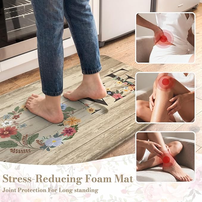 KIMODE Anti Fatigue Kitchen Mats for Floor 2 Piece,Farmhouse Floral Rugs Cushioned,Comfort Memory Foam Carpet Non Slip for Sink Laundry Office Bathroom,Beige 17"x47"+17"x29"