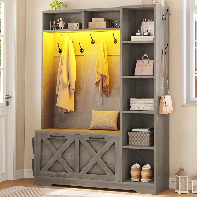 Itaar Hall Tree with Bench and Shoe Storage, Farmhouse Entryway Bench with Coat Rack, Shoe Cabinet with Flip Drawers, 7 Shelves, 10 Coat Hooks, Storage Bag, Led Lights, Grey