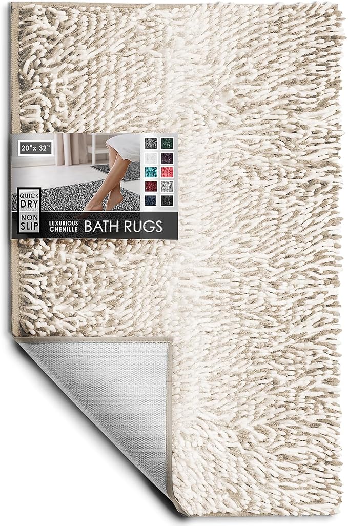 Hearth & Harbor Bathroom Rugs, Chenille Bath Mat - Machine Washable Bath Mats for Bathroom Non-Slip Backing Rubber, Quick Dry Bathroom Mat, 20 x 32 - Ombre Beige