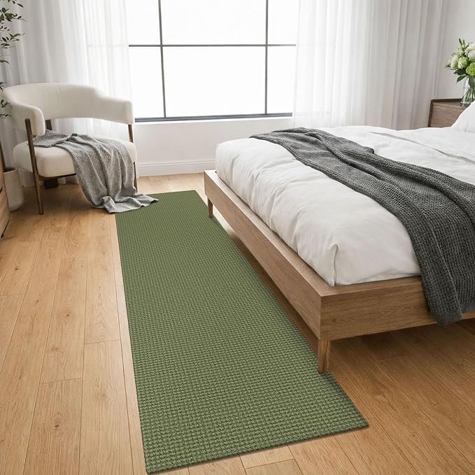 KOZYFLY Cotton Runners for Hallway 2x8, Washable Runner Rug, Woven Non Slip Kitchen Runner, Braided Entryway Rug, Floor Carpet for Foyer, Bedroom, Hall, Olive Green/Earthy Green