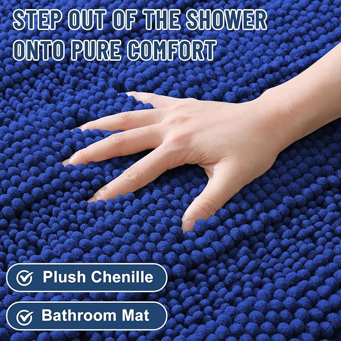Grandaily Chenille Striped Bathroom Rugs 24x16, Extra Thick and Absorbent Bath Mats, Non-Slip Soft Plush Shaggy Shower Carpet, Machine Wash Dry, Bath Rug for Bathroom, (Small, Cobalt Blue)