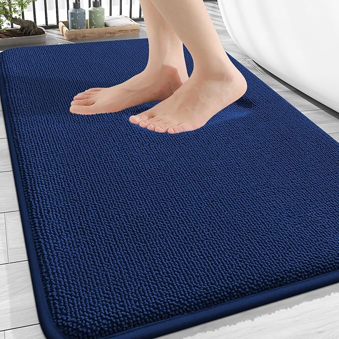 OLANLY Thick Memory Foam Bath Mat Rug 32x20, Extra Soft Absorbent Bathroom Rug, Quick Dry Bath Mats, Non-Slip, Machine Washable Carpet for Bathroom, Tub and Shower, Home Decor Accessories, Navy