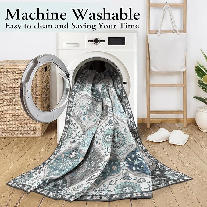 Lahome Moroccan Washable Living Room Rug, 5x8 Rugs for Bedroom Dining Room, Soft Non-Slip Non Shedding Boho Distressed Throw Carpet for Nursery Office Elise, Blue