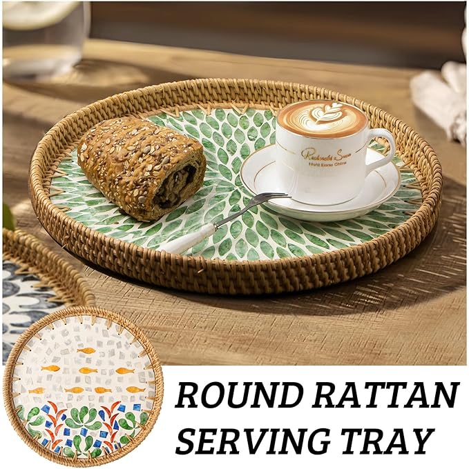 Round Rattan Tray with Mother of Pearl Inlay, Decorative Wicker Serving Tray with Wooden Base, Woven Basket Trays for Bread Fruits Coffee