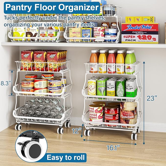 OKZEST 3-Tier Rolling Pantry Floor Organizer and Storage Cart with Wheels, Stackable Wire Pantry Baskets for Pantry Shelves, Kitchen Storage Rack and Fruit Basket Stand for Fruit Snack Onion Potato