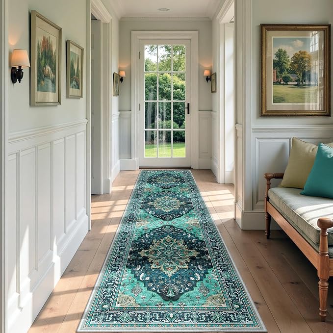 RELEANY Area Rugs Runner 3'x9' Washable Non-Slip, Floral Vintage Distress Medallion Carpet for Kitchen Hallway Bedroom Beside Laundry Room Bathroom, Teal Green Lake Blue Turquoise