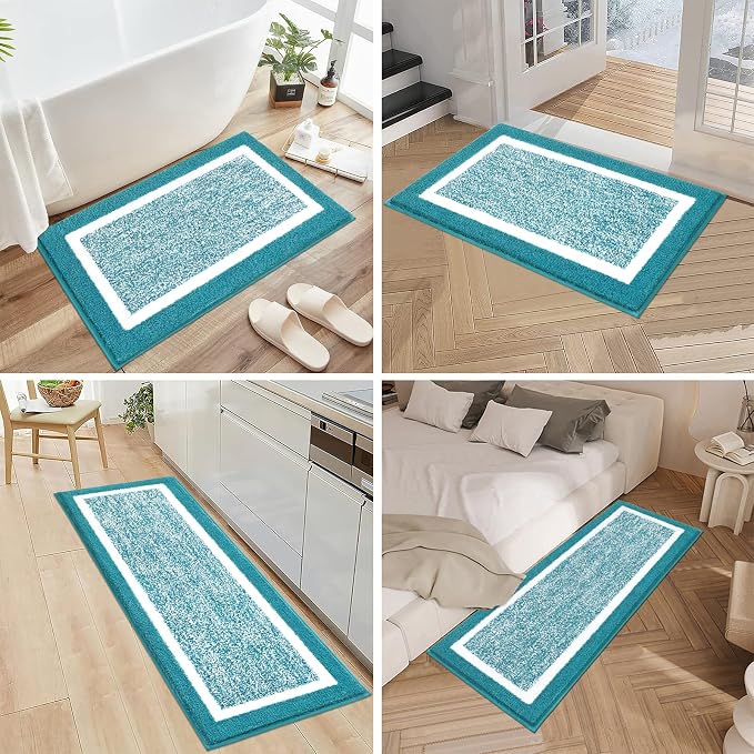 Pauwer Bathroom Rug Sets - 3 Piece Shower Rugs with U-Shaped Contour Toilet Mat, Absorbent Microfiber Plush Bath Mats, Non Slip, Machine Washable Shaggy Bathroom Floor Mats, Aqua Blue