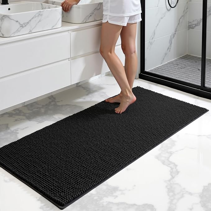 SUBRTEX Bathroom Rugs, 24" x 55" Chenille Bath Rug Soft Short Plush Bath Mat Soft Shower Mat Water Absorbent Shower Mat Quick Dry Machine Washable, Black