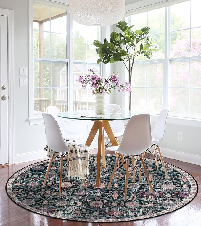 Lahome Moroccan Trellis Washable Round Area Rug, Round Rug 5ft Soft Non-Slip, Non-Shedding Distressed Circle Carpet for Bedroom Living Room Bathroom Nursery Kitchen Elise, Black/Multi