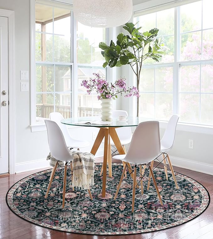 Lahome Moroccan Trellis Washable Round Area Rug, Soft Round Rugs 6ft Ultra-Thin Non-Slip, Vintage Large Circle Carpet for Bedroom Living Room Kitchen Nursery Elise, Black/Multi