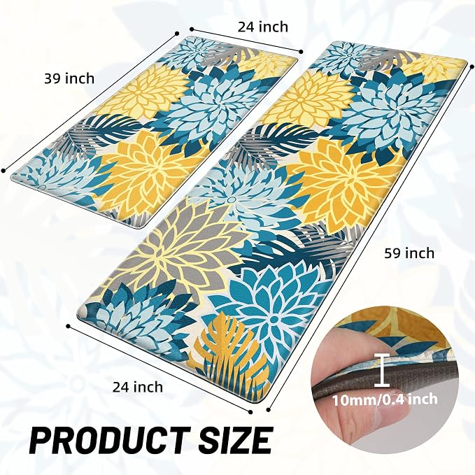 Arenarug Kitchen Mats for Floor 2PCS Cushioned Anti Fatigue Kitchen Mats Waterproof Non Slip Kitchen Mat Rug Set Comfort Foam Standing Mat for Sink, Laundry, Office, 24"x39"+24"x59", Yellow Teal