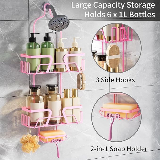 DAOYA Shower Caddy Hanging, Pink Over the Shower Head Caddy with Soap Holder, Bathroom Organizer with Hooks for Razors and Bath Sponges