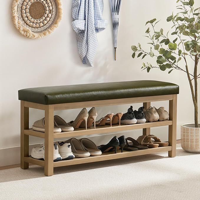 Zihanhome Shoe Rack Bench with Leather Cushion, 2 Tier Solid Wood Storage Bench, Mid-Century Modern Shoe Bench for Entryway, Hallway, Closet, Front Door Entrance, Foyer (Green, 46.5)