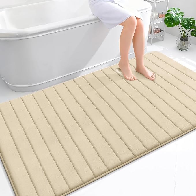 OLANLY Memory Foam Bath Mat 70x46, Super Soft Absorbent Bathroom Rugs, Quick Dry, Machine Washable Shower Floor Rugs, Bathmat Carpet, Bathroom Home Decor Accessories, Beige