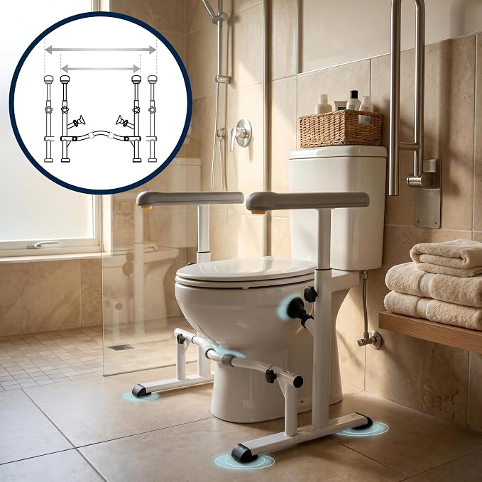 KMINA Toilet Safety Rails for Seniors, Heavy Duty Frame with Handles, Adjustable Height and Width, Handicap Grab Bars