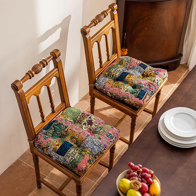 vctops Boho Paisley Chair Cushions with Ties Patchwork U-Shaped Soft Cozy Cotton Linen Chair Pads Non Slip Seat Cushions for Indoor Dining Room and Kitchen Chairs (Pink A,18"x18")