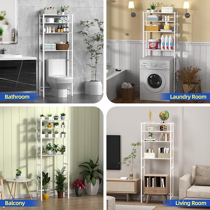 samstar 4 Tier Over The Toilet Storage Rack, Bathroom Organizer Shelves Cabinet Above Toilet, with Adjustable Height Freestanding Shelf Space Saver, White