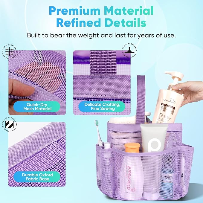 EUDELE 2 Pack Mesh Shower Caddy Portable for College Dorm Room Essentials, Shower Caddy Dorm with 8-Pocket Large Capacity,Shower Bag for Beach,Swimming,Gym All Black+All Purple