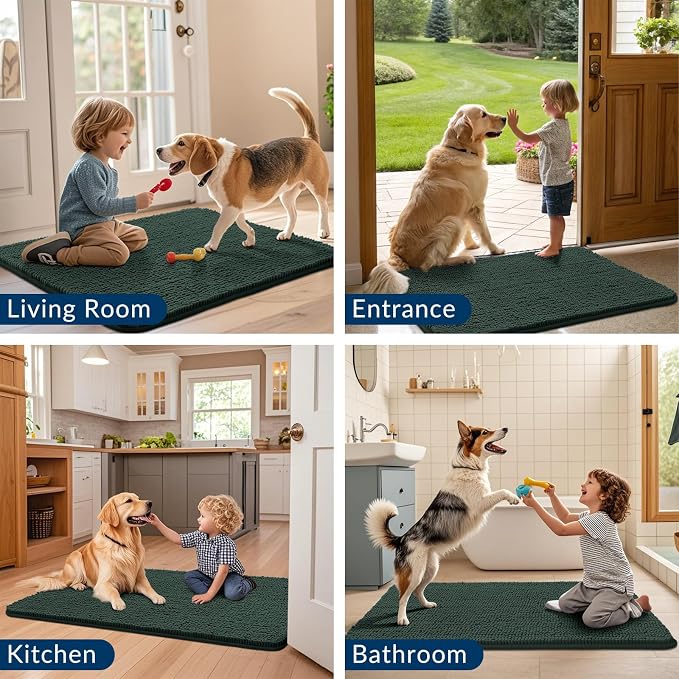 Smiry Dog Door Mat for Muddy Paws 59x24, Absorbent Dirt Trapper, Non-Slip Washable Chenille Entryway Rug for Inside Floor, Green, Classic Solid