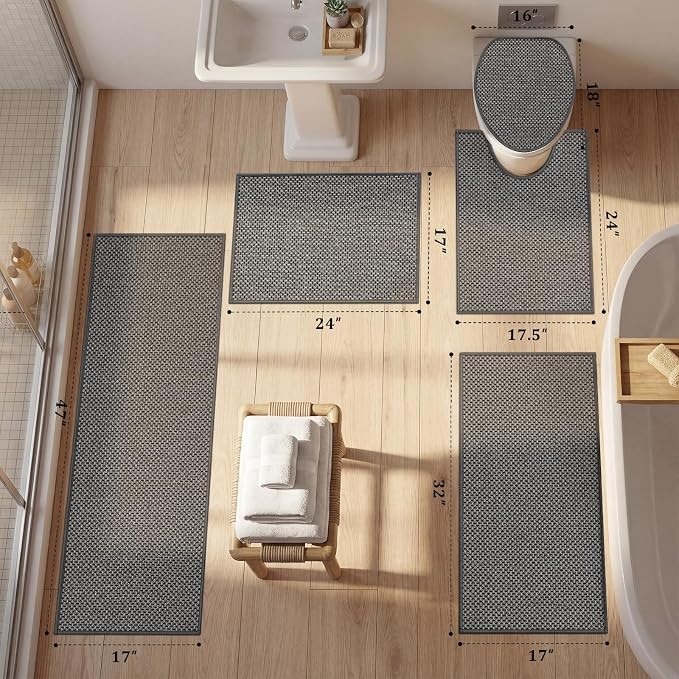 YIHOUSE Thin Bath Mat Dark Grey Bathroom Rugs Sets 5 Pieces, Non Slip Absorbent Bath Mats Quick Dry, Woven Braided Rugs Washable, Rubber Tapetes para Baño for Bathroom Toliet,Bathtub