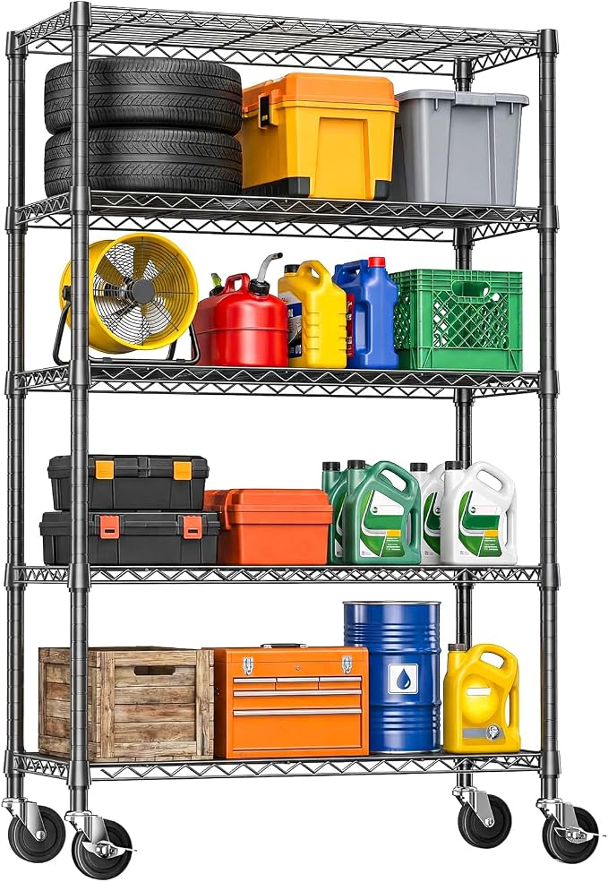 IZEUK 5-Tier Heavy Duty Metal Shelving Unit, Adjustable Steel Wire Storage Rack for Garage, Kitchen, Basement, Laundry Room & Office, Black, 17.7" D x 47.2" W x 72.3" H, 1750 lbs Capacity