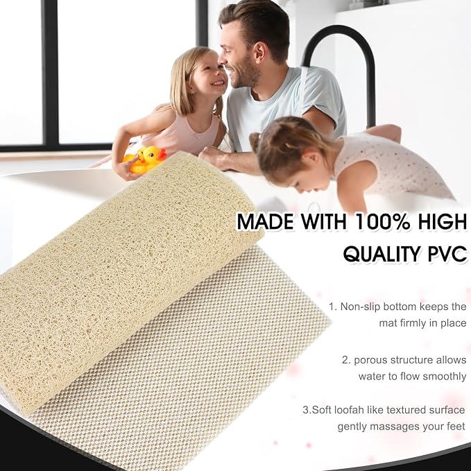 Shower Mat Non Slip 40.2 x16.1 Inch, Loofah Shower Mat Anti Slip Tub Mat Without Suction Cups, Shower Floor Mat for Wet Area, Quick Drying, Beige