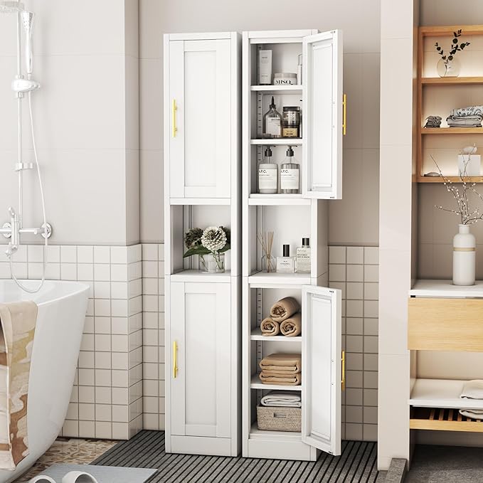 Tall Metal Narrow Bathroom Storage Cabinet 67" H, Tall White Pantry Cabinets with 4 Adjustable Shelves and 2 Doors for Kitchen, Home Office, Living Room, Dining Room(11.8 inches Wide)