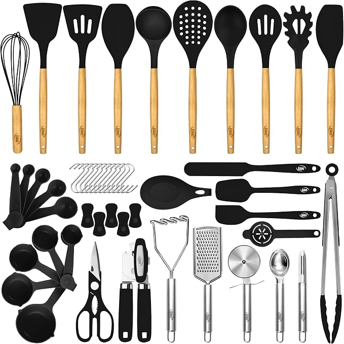 Kaluns 50 PCS Silicone Kitchen Utensils Set Complete Kitchen Set - 800°F Heat Resistant Non-Stick Premium Silicone Cooking Utensils W Wooden Handles - Can Opener, Masher, Turner, Silicone Spatula Set