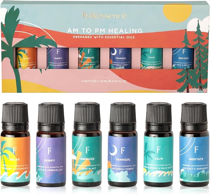 Folkulture Essential Oils Set for Diffuser | Set of 6 Everyday Aromatherapy Oils | Palo Santo, Lavender, Sandalwood, Citrus & Balanced Blend Oils | AM to PM Home Fragrance Oils & Wellness Gift Set