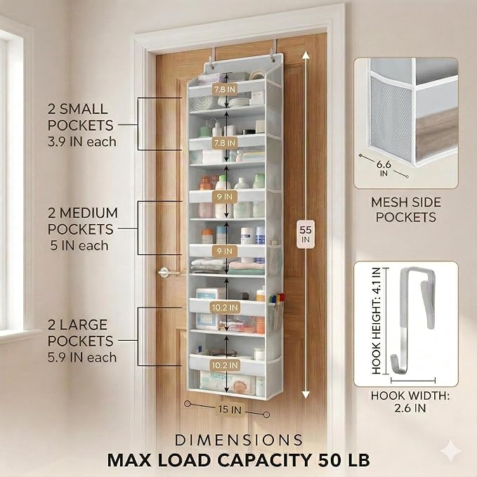 HOMELUX THEORY UPGRADED 6 Tiers Over The Door Organizer Hanging - 100D EXTRA THICK & 50lbs HUGE CAPACITY, 12 Side Mesh Pockets Over The Door Shoe Organizer, Hanging Closet Organizer (Light Gray, 1pc)