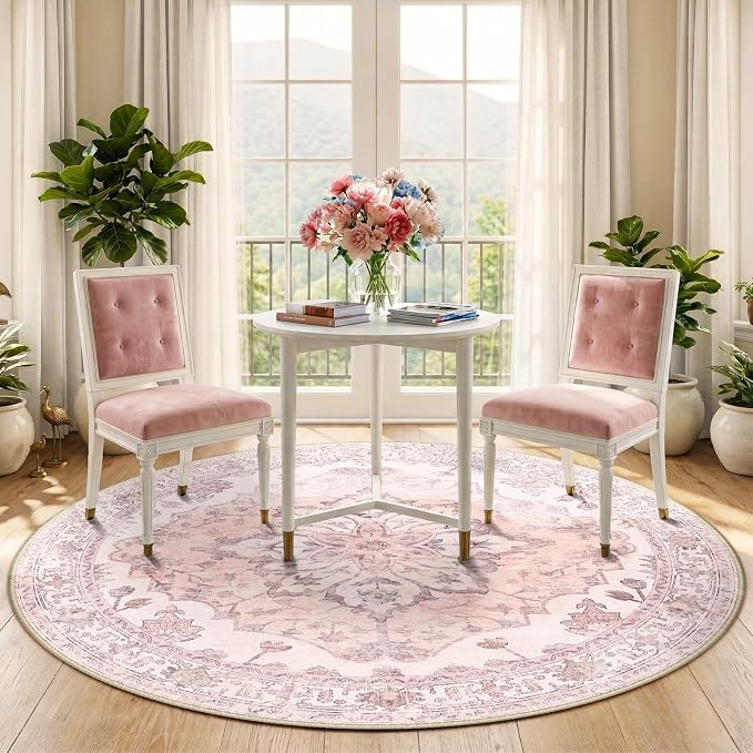 RELEANY Area Rugs Round 5ft Washable Non-Slip, Floral Vintage Distress Medallion Carpet for Living Room Bedroom Dining Room, Pink Greypink Cute